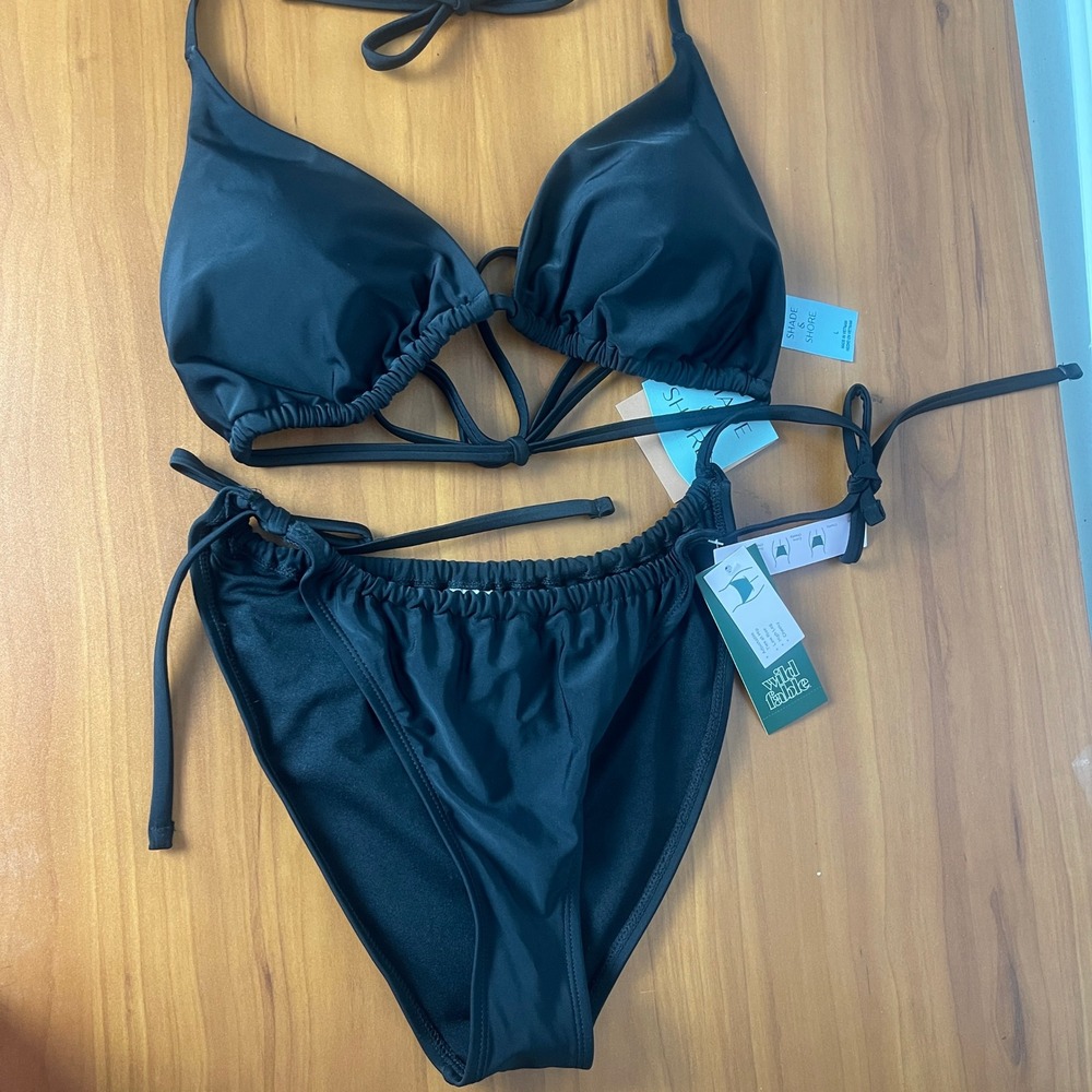 2-piece Black Bikini Set Triangle Tie Top & Cheeky Bottoms Side Tie Large